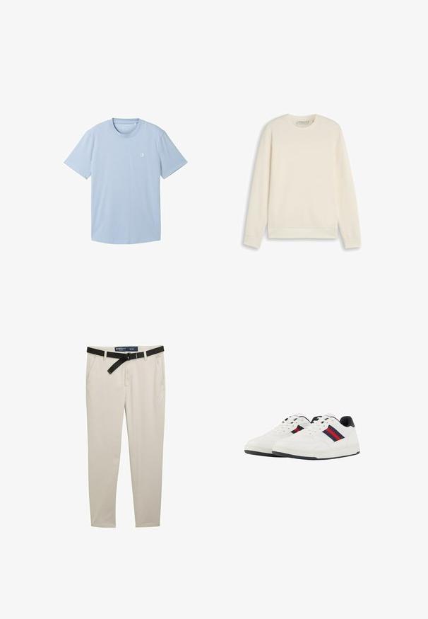 Effen off-white lange mouw sweatshirt met ronde hals en geribbelde boorden en zoom, weergegeven op een witte achtergrond.; Lichtblauw T-shirt met korte mouwen gemaakt van zachte stof, met een ronde hals en een klein logo op de linkerborst. Effen structuur.; Beige broek met een slim fit, voorzien van een zwarte riem, twee frontzakken en een gestructureerde stof. Maat 32 x 32.; TOM TAILOR Sneakers laag - white navy