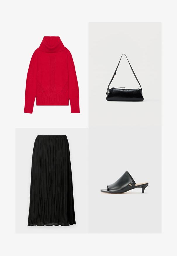 Rød strikket turtleneck sweater med ribbet tekstur, lodret detaljer og brede ribbede manchetter og kant. Blødt, tykt stof.; Sort plisseret midi-nederdel med elastisk talje, der har en struktureret overflade og let, flydende stof.; Sorte læder open-toe mules med en lav hæl. Har en glat overflade og et guld logo-prim på siden.; Sort læder skuldertaske med tynd justerbar rem, lynlåslukning og lille metal "GUESS" logo foran i midten.