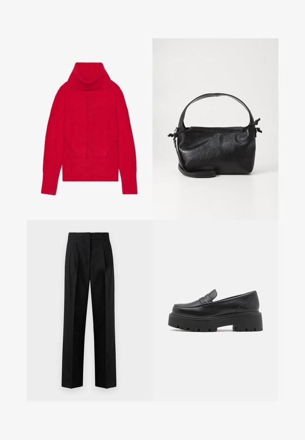 Rød strikket turtleneck sweater med ribbet tekstur, lodret detaljer og brede ribbede manchetter og kant. Blødt, tykt stof.; Sorte trousers lavet af vævet stof, med et skræddersyet design med plisseringer, lige ben og flad front. Holdbar og glat tekstur.; Sorte læder loafers med en lav, grov gummi sål, syede detaljer på overdelen og en glat overflade.; Sort læderhåndtaske med et struktureret design, rund tophåndtag og aftagelig skulderrem. Den har en glat tekstur og en subtil glans.