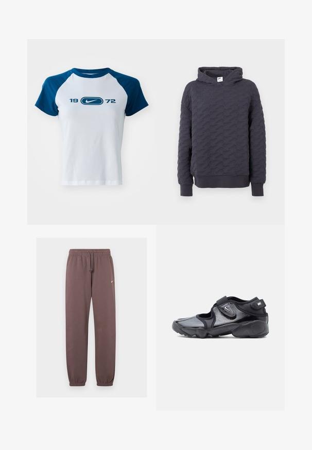Tmavosivá mikina s kapucňou s textúrovaným vzorom malých log Nike. Má kapucňu a dlhé rukávy, s rebrovaným lemom a manžetami.; Biele bavlnené tričko s modrými raglánovými rukávmi, s centrálnym logom a nápisom "1972" vytlačeným pod ním v modrej farbe. Krátke rukávy a okrúhly výstrih.; Hnedé Nike tepláky s elastickým pásom, šnúrkou na stiahnutie, manžetami na členkoch a malým bielym logom Nike na hornej ľavej nohe.; Čierne tenisky Nike Air s lesklým povrchom, nastaviteľnými suchými zipsami a vyrezávaným dizajnom na bokoch, bočný pohľad na jednoduchom pozadí.