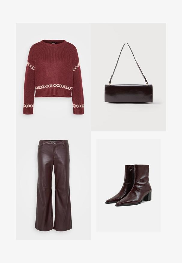Burgunderfarvet strikket sweater med ribbet tekstur, rund halsudskæring og hvid korsstingsmønster langs ærmerne og kanten. Kort design.; Bordeaux læder brede bukser med en glat tekstur, der har en frontlukning med knap, bæltestropper og to sidelommer.; Skinnende mørkebrune læderankelstøvler med spidse tæer, sidelås og blokhæl på en ensfarvet lys grå baggrund.; Rektangulær sort læderhåndtaske med en enkelt lang rem og blank finish, vist mod en ensfarvet hvid baggrund.