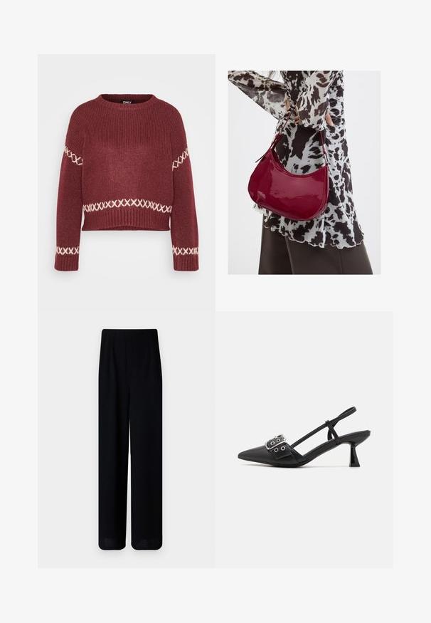 Burgunderfarvet strikket sweater med ribbet tekstur, rund halsudskæring og hvid korsstingsmønster langs ærmerne og kanten. Kort design.; Vero Moda Petite VMLIVA SUPER WIDE PANTS - Bukser - black; Simmi London DALA - Pumps - black; Kvinde iført en sort- og hvidmønstret bluse, der holder en blank rød skuldertaske mod en ensfarvet baggrund.