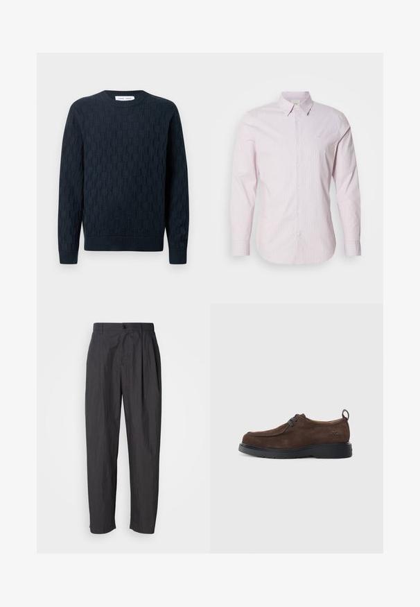 Marineblå strikket sweater med et tekstureret mønster, rund hals og ribbede manchetter og kant. Fremstillet af blødt garn for komfort.; Lys rosa stribet langærmet skjorte lavet af bomuld, med en knap-til-kant krave og et lille logo på brystet. Glat tekstur.; Mørkegrå lige bukser med bæltestropper, frontknaplukning og sidelommer på en lys ensfarvet baggrund.; Brune ruskindsko med en rund tå, grå snørebånd og en sort gummiydersål. Har et lille logo præget på hælen.