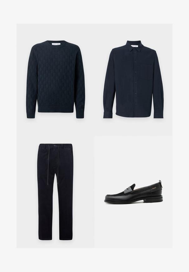 Jersey de punto azul marino con un patrón texturizado, cuello redondo y puños y dobladillo acanalados. Hecho de hilo suave para mayor comodidad.; Camisa de manga larga azul marino hecha de tela suave, con un cierre de botones en la parte delantera, cuello puntiagudo y un bolsillo en el pecho.; Pantalones de pana azul marino con una superficie texturizada, piernas rectas, cintura elástica, cordón ajustable y bolsillos frontales.; Mocasín de cuero negro con detalle de tira gris, tacón bajo y suela texturizada, con la marca "HUGO" en oro en el lateral.