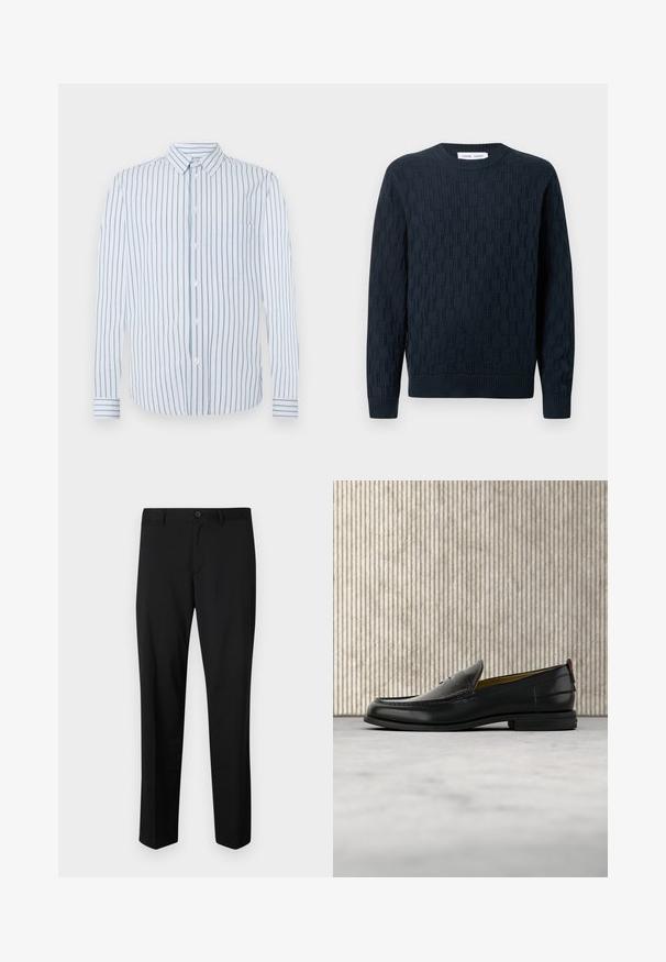 Marineblå strikket sweater med et tekstureret mønster, rund hals og ribbede manchetter og kant. Fremstillet af blødt garn for komfort.; Stribet skjorte med lodrette lyseblå og hvide striber, knaplukning foran og en enkelt brystlomme. Lange ærmer med knapmanchetter.; Sorte skræddersyede bukser med flad front, standard talje og lige ben. Lavet af glat stof, med en enkelt knaplukning.; Sort læder herreloafer med krokodillepræget forstykke og lav hæl, vist i profil på en neutral baggrund.