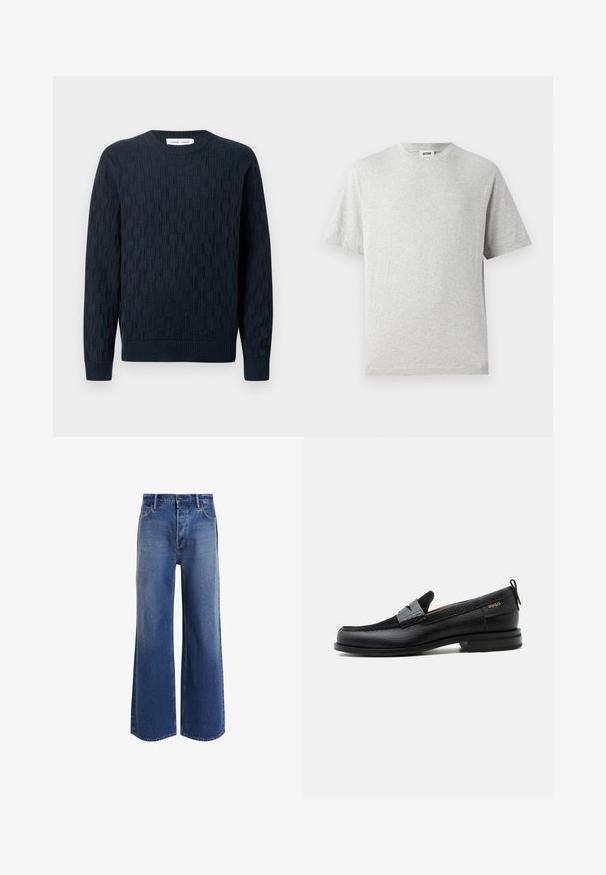 Jersey de punto azul marino con un patrón texturizado, cuello redondo y puños y dobladillo acanalados. Hecho de hilo suave para mayor comodidad.; Camiseta gris de manga corta hecha de tela suave. Presenta un cuello redondo, un corte relajado y no tiene patrones ni logotipos. Textura suave en toda la prenda.; Jeans de tiro alto y pierna ancha en denim azul medio, con un diseño clásico de cinco bolsillos, ligero desvanecido y detalles de dobladillo deshilachado.; Mocasín de cuero negro con detalle de tira gris, tacón bajo y suela texturizada, con la marca "HUGO" en oro en el lateral.