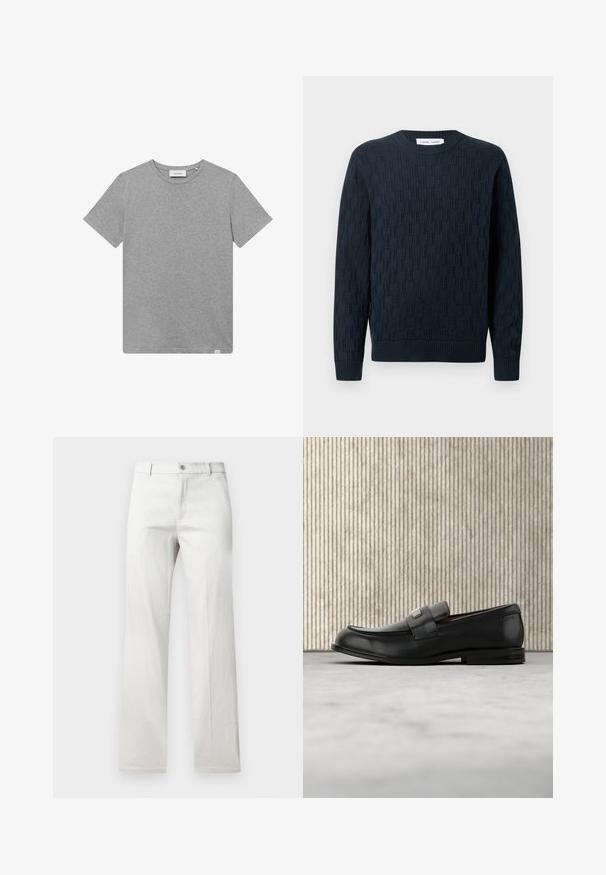 Marineblauer Strickpullover mit strukturiertem Muster, Rundhalsausschnitt und gerippten Bündchen sowie Saum. Aus weichem Garn für hohen Komfort gefertigt.; Graues kurzärmeliges T-Shirt aus einem Baumwoll-Mischgewebe. Es verfügt über einen runden Halsausschnitt und ein kleines Logodetail auf der linken Vorderseite.; Helle graue Hose mit geradem Bein, aus einem glatten Stoff gefertigt, mit vorderer Knopfverschluss und Seitentaschen.; Schwarzer Lederloafer mit einer Metallmarkenplatte, der nahe einem braunen runden Tisch auf beigem Teppichboden ruht.