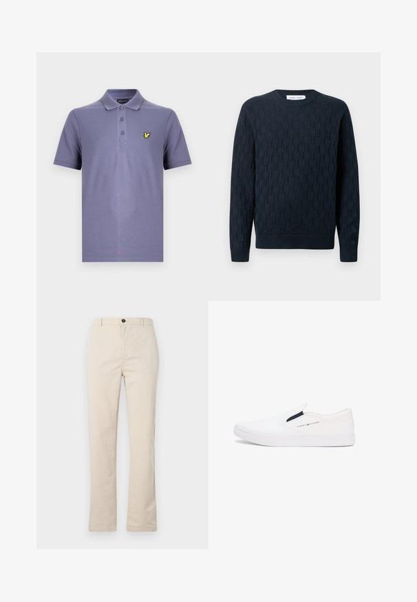 Jersey de punto azul marino con un patrón texturizado, cuello redondo y puños y dobladillo acanalados. Hecho de hilo suave para mayor comodidad.; Camisa tipo polo púrpura con una tapeta de tres botones, mangas cortas y un pequeño logo de un pájaro amarillo en el lado izquierdo del pecho. Tejido de mezcla de algodón.; Pantalones de algodón beige claro con un diseño de pierna recta, que cuentan con un cierre frontal de botón, cremallera y detalles de costura mínimos.; Zapatillas blancas tipo slip-on hechas de lona con una textura suave y un contraste en azul oscuro en el elástico lateral. Cuentan con una suela de goma.