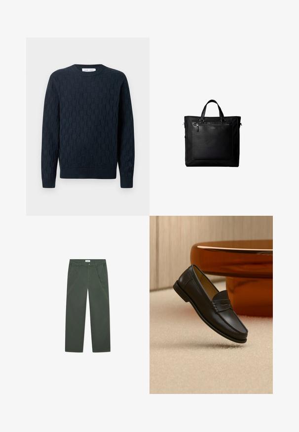 Marineblå strikket sweater med et tekstureret mønster, rund hals og ribbede manchetter og kant. Fremstillet af blødt garn for komfort.; Mørkegrønne bomuldsbukser med lige ben-design, forlommer og knaplukning i taljen. Glat tekstur, uden mønstre.; Sort læder loafer-sko hængende over beige tæppe med ravfarvet moderne møblement i baggrunden.; Sort taske med dobbelte håndtag, stor læderlomme foran med lynlås og diskret Calvin Klein-logo midt på lommen.