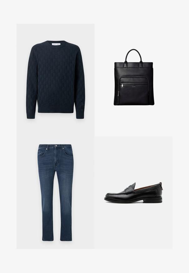 Marineblå strikket sweater med et tekstureret mønster, rund hals og ribbede manchetter og kant. Fremstillet af blødt garn for komfort.; Mørkeblå slim-fit denimjeans med front- og myntlommer, knaplukning og subtilt slid på lårene.; Sort læder herre loafer med moc-tå syning, penny strop, struktureret krave og lav stablet hæl på hvid baggrund.; Sort læder tote taske med top håndtag og en front lynlåslomme med et lille Calvin Klein-logo på lommen.