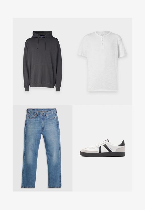 Sudadera gris hecha de un tejido suave, con un bolsillo canguro en la parte delantera, capucha con cordones y puños y bajo acanalados.; Camiseta henley blanca de manga corta con botón de tres, hecha de un tejido ligero y ligeramente texturizado. Cuello redondo, ajuste casual.; Vaqueros de mezclilla azul de pierna recta con cierre frontal de botón y cremallera, trabillas para cinturón y diseño de cinco bolsillos sobre un fondo blanco.; Zapatilla blanca con acentos en negro y gris, que presenta una puntera texturizada en gris, suela de goma negra y cordones planos blancos. Diseño limpio, estilo minimalista.