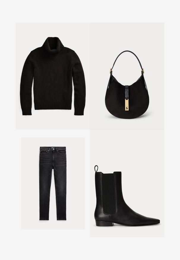 Sort strikket rullekravesweater med lange ærmer og ribstrikkede manchetter, krave og kant på hvid baggrund.; Slim-fit sorte jeans med fem lommer, knaplukning og Polo mærke på linningen, lagt fladt på en hvid baggrund.; Sort læderankelstøvle med elastisk sidel panel, trækstrop bagpå, lav hæl og spids tå.; Sort ruskind skuldertaske med en buet form, en glat sort læderrem og et hardware-dekoration i guldtonet med logo-detalje.