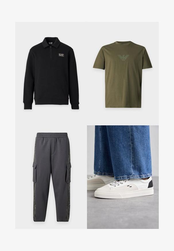 Must musta pikkade varrukatega kampsun, lühikese esikraega tõmblukuga, soonikkoes varrukasäärtega ning EA7 Emporio Armani logo vasakul rinnal ja krae sildil.; Lihtne oliivroheline lühikeste varrukatega T-särk, ümmarguse kaelusega ja pehme läikiva kotkalogo rinnal keskel.; Hallid hallid spordipüksid, mis on valmistatud pehmest kangast, omavad cargo-taskuid ja mustrilist küljeosa, mis lisab detaili. Elastne vöökoht.; Valged ja mustad spordijalatsid sileda nahkpealise, tekstuursete aktsentidega ja paksu valge tallaga. Omab klassikalist nööbistamise disaini.