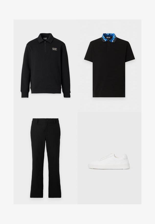 Must musta pikkade varrukatega kampsun, lühikese esikraega tõmblukuga, soonikkoes varrukasäärtega ning EA7 Emporio Armani logo vasakul rinnal ja krae sildil.; Must lühikeste varrukatega polosärk, millel on kaks nööpi ja sinise mustriga Versace Jeans Couture krae.; Mustad laiad püksid, mis on valmistatud puuvillase segukanga, millel on nööbikinnitus, vöökohad ja sile tekstuur, ilma nähtavate mustriteta.; Valge jooksutoss, millel on siledast nahast ülemine osa, ümmargune nina, paelad, tekstuuriga küljeaktsendid ja paks kummitald. Minimalistlik disain.