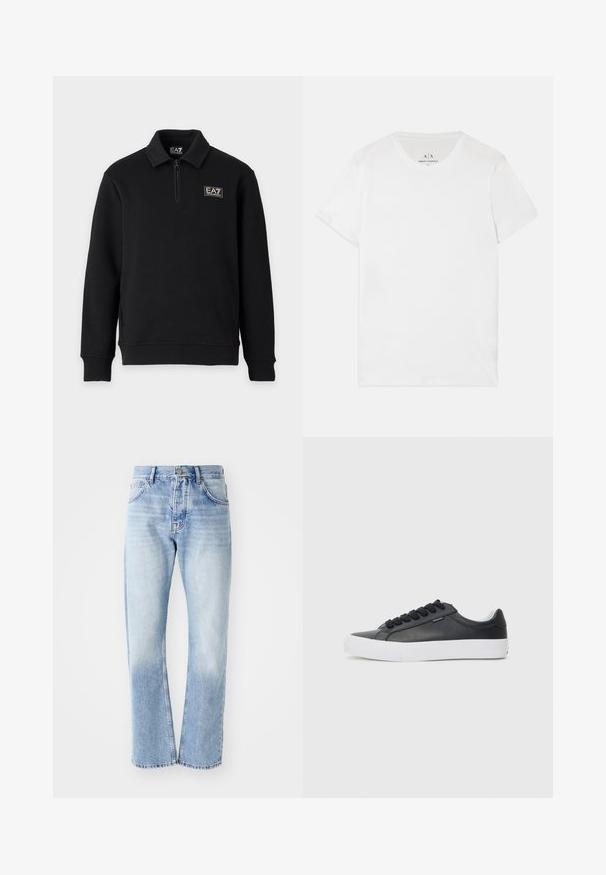 Musta pitkähihainen pusero, jossa lyhyt vetoketju edessä, resorit hihansuissa ja EA7 Emporio Armani -logo vasemmassa rinnassa sekä kauluksessa.; Valkoinen puuvillapaita, jossa on klassinen pyöreä kaula-aukko ja lyhyet hihat. Sisäkaula-aukossa on hienovarainen brändilogo, ei muita kuvioita.; Vaanit vaaleansinisistä farkuista, joissa on suora lahje. Varustettu viiden taskun suunnittelulla, nappisuljenta ja haalistunut pinta alareunassa.; Mustat nahkakengät valkoisella kumipohjalla, pyöreällä varpaalla ja mustilla nauhoilla. Kenkien pinnassa on sileä tekstuuri ja minimalistinen muotoilu.