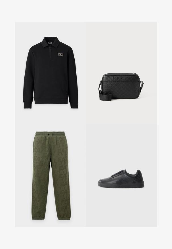 Pull noir à manches longues avec une courte fermeture éclair sur le devant, des poignets côtelés et le logo EA7 Emporio Armani sur la poitrine gauche et l’étiquette du col.; Pantalons de jogging en polaire vert olive avec taille et poignets élastiques, présentant un motif logo EA7 ton sur ton subtil sur toute la surface.; Chaussure de sport en cuir noir avec une finition lisse, bout arrondi, panneau latéral texturé et lacets noirs. Présente une semelle en caoutchouc plate et un design minimaliste.; Sac bandoulière noir texturé avec motif géométrique en relief et bandoulière réglable avec logo de la marque.