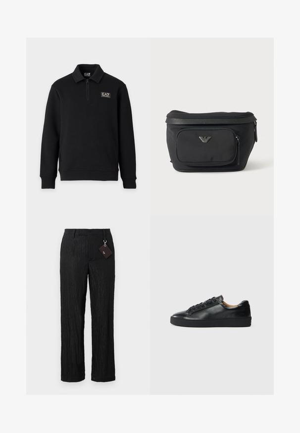 Sort langærmet pullover med kort lynlås foran, ribstrikkede manchetter og EA7 Emporio Armani-logo på venstre bryst og kraveetiket.; Sorte, teksturerede bukser med vide ben, glat overflade og synlige sømme; inkluderer et mærke fastgjort med en sølvhardware løkke.; Sorte lædersneakers med en glat overflade, rund tå og snørebåndslukning. Har en tyk gummisål og minimal branddetalje.; Sort bæltetaske med frontlynlåslomme og sølv ørn-logo, glat stof med tekstureret kant og lynlåstræk.