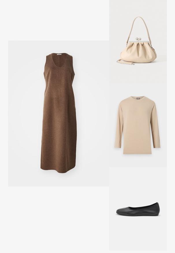Beige langærmet rundhalset skjorte med en lige kant, vist mod en ensfarvet hvid baggrund.; Ærmeløs, knælængde brun uldkjole med rund udskæring og en lige, let tætsiddende silhuet.; Sort læderballetsko med rund tå, glat tekstur, minimal syning og et fleksibelt såldesign.; Beige blød læderhåndtaske med en sølv metalramme-lukning, enkelt skulderstrop og en valgfri kæderem på en hvid baggrund.