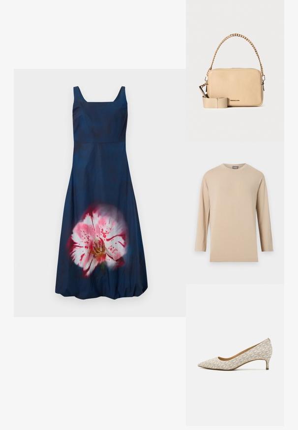 Beige T-shirt met lange mouwen en ronde hals, met een rechte zoom, afgebeeld tegen een effen witte achtergrond.; Navyblauwe jurk met een vierkante halslijn en een mouwloos ontwerp; heeft een groot, lichtroze bloemenpatroon aan de voorkant. Stevige textuur.; Hakken met spitse neus in beige stof met een geometrisch patroon, met een lage hak en een slank silhouet. Gladde textuur en minimale accenten.; Beige gestructureerde leren crossbodytas met gouden kettinghandvat en afneembare beige stoffen riem, klein logo aan de voorkant in het midden.
