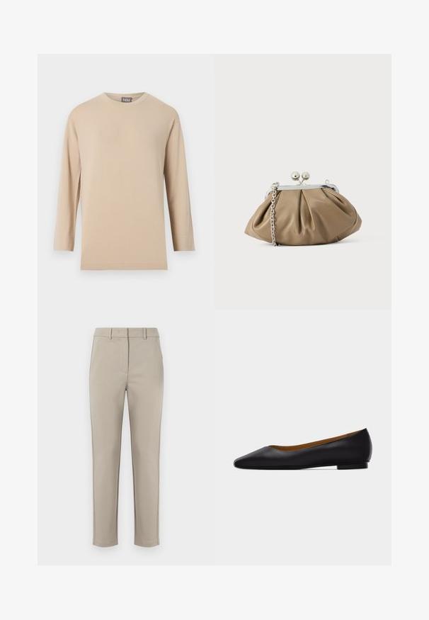 Camiseta beige de manga larga con cuello redondo y dobladillo recto, mostrada sobre un fondo blanco liso.; MM by MaxMara EFFETTO - Pantalones - sand; Zapato plano de punta puntiaguda de cuero negro con tacón bajo y acabado liso, mostrado de perfil sobre un fondo gris claro.; Clutch de cuero en beige suave con forma redondeada, textura plisada, cierre de broche plateado y una correa de cadena desmontable.