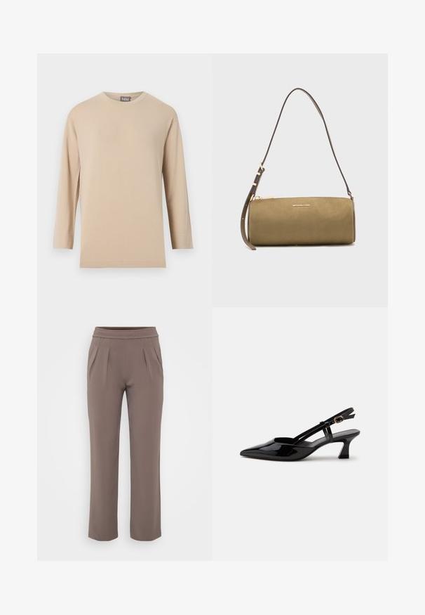 Beige langærmet rundhalset skjorte med en lige kant, vist mod en ensfarvet hvid baggrund.; Taupe løs-fit bukser med elastisk talje og frontfald, lavet af glat stof.; Sort laklæderslingback med lille hæl, spids tå og justerbar guldlåsrem på hvid baggrund.; Olivengrøn cylindrisk lædertaske med en tynd justerbar rem og gyldt Michael Kors-logo foran.