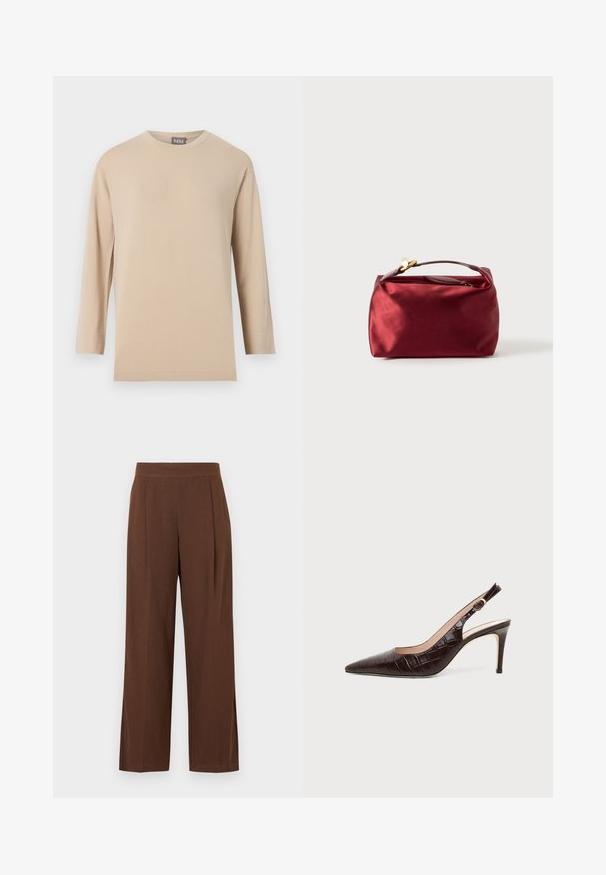 T-shirt beige à manches longues avec col rond et ourlet droit, présenté sur un fond blanc uni.; Pantalon marron à jambes larges avec une texture lisse, présentant un devant plat et des plis. La taille est élastiquée pour le confort et l'ajustement.; Escarpin slingback en cuir brun foncé à texture crocodile, bout pointu et talon stiletto de hauteur moyenne sur fond uni.; Trousse de maquillage en satin bourgogne de forme rectangulaire, avec fermeture éclair et une poignée courte. Présente un design minimaliste et une texture lisse.
