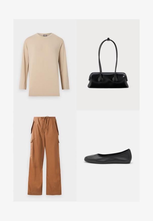 Camiseta beige de manga larga con cuello redondo y dobladillo recto, mostrada sobre un fondo blanco liso.; Pantalones cargo marrones de pierna ancha, hechos de una tela ligera, con una cinturilla elástica con cordón y bolsillos laterales.; Bailarina de piel negra con punta redondeada, textura suave, detalle de costura minimalista y diseño de suela flexible.; Bolso de mano de cuero negro con dos asas alargadas, una textura suave y una base redondeada con detalles decorativos en los laterales.
