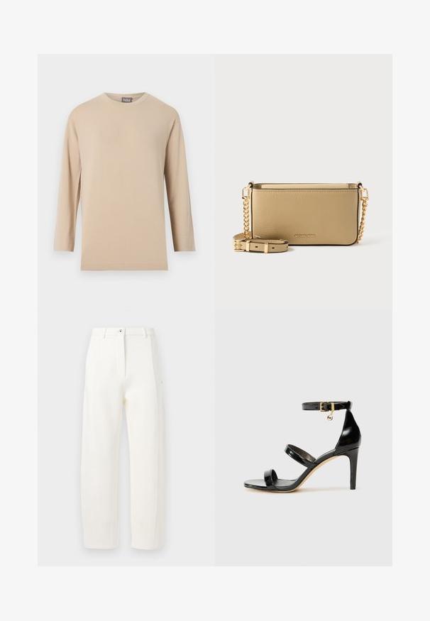 T-shirt beige à manches longues avec col rond et ourlet droit, présenté sur un fond blanc uni.; Pantalons blancs ajustés avec une coupe droite, plis avant, fermeture éclair et bouton, et poches latérales. Tissu lisse avec une finition mate.; Sandale en cuir verni noir avec trois brides, boucle de cheville et talon aiguille de 10 cm. Présente un détail en métal doré et un charm logo.; Sac à main beige en cuir Michael Kors avec des accents de chaîne dorée et une bandoulière amovible et réglable sur fond blanc.