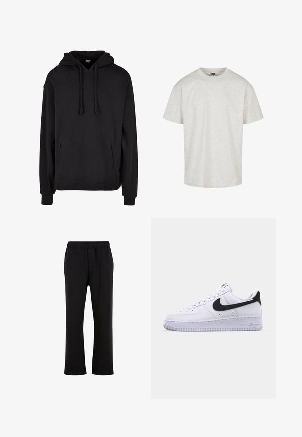 Sort hættetrøje med snor i hætten, frontlomme, ribbede manchetter og bund. Fremstillet af blødt, komfortabelt stof med et enkelt design.; Lys grå bomulds T-shirt med kortærmer, rund halsudskæring og afslappet pasform. Tekstureret stof med et subtilt meleret mønster.; Urban Classics Træningsbukser - black; Hvide lædersneakers med en struktureret sort Swoosh, flade snørebånd og en gummisål med et rillemønster. "AIR" er præget på hælen.