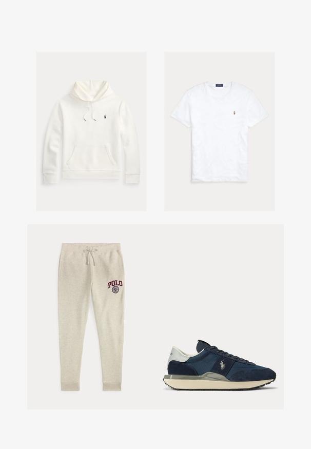 Sudadera con capucha blanca con bolsillo frontal tipo canguro, capucha con cordón y pequeño logo bordado en negro de Polo Ralph Lauren en el pecho izquierdo.; Camiseta blanca de manga corta y cuello redondo con pequeño logo bordado de Polo Ralph Lauren en el pecho izquierdo y etiqueta azul de la marca en el interior del cuello.; Pantalones deportivos beige con cordón, bolsillos laterales y logo y emblema rojo "POLO" en la parte superior del muslo izquierdo.; Zapatilla azul marino y blanca con paneles de ante y tela, logotipo blanco en el lateral, lengüeta blanca en el talón y suela beige con tacos negros.