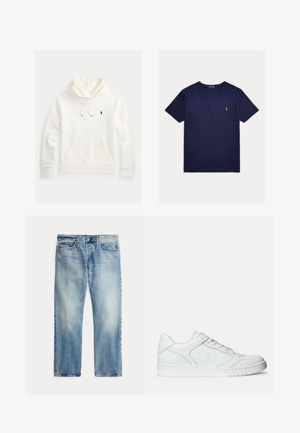 Valkoinen vetoketjullinen huppari, jossa edessä kengurutasku, huppuun kiristysnauha ja vasemmassa rinnassa pieni musta brodeerattu Polo Ralph Lauren -logo.; Laivastonsininen lyhythihainen pyöreäkauluksinen T-paita, jossa vasemmassa rinnassa pieni keltainen Polo Ralph Lauren -logo brodeerattuna.; Vaaleansiniset suoralahkeiset farkut, joissa etutaskut ja napitettava vetoketju, asetettu tasaisesti valkoiselle taustalle.; Valkoinen nahkakenkä, jossa on sileä pinta, varustettuna rei'itetyllä varpaalla, nauhakäytöllä ja brodeeratulla logolla sivulla. Valkoinen kumipohja.