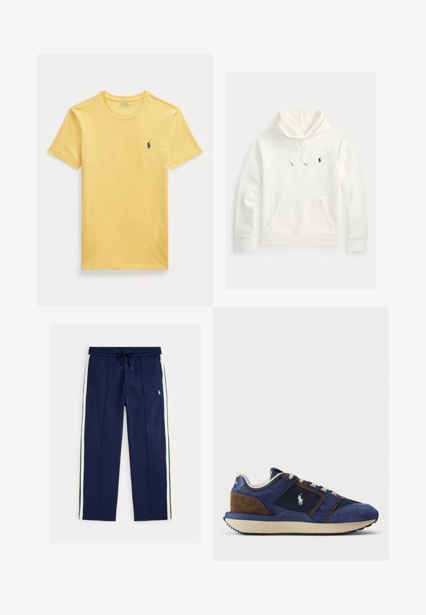 Valge pullover-stiilis kapuutsiga dressipluus esiküljel kenguru-tasku, nööriga kapuuts ja vasakul rinnal väike mustalt tikitud Polo Ralph Laureni logo.; Kollane puuvillane T-särk ümmarguse kaelusega ja lühikeste varrukatega. Vasaku rinna peal on väike sinine tikitud logo.; Tumesinised jooksupüksid valgete ja roheliste küljeribadega, paelaga vöökoht, esimesed taskud ja väike valge tikitud logo paremal reiel.; Tumedat sinine nahk ja võrk, millel on heledamad aktsendid, beež kummist tald ja valged kingapaelad; külje peal on logo.