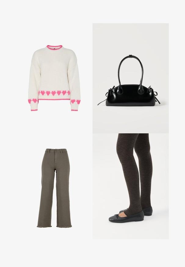 Hvid strikket sweater med pink hjerte mønster langs kant og manchetter. Har rund halsudskæring med pink kant. Blød tekstur og løs pasform.; Højttaljede olivengrønne vidde bukser med knap- og lynlåslukning, bærestropper og frynsede kanter.; Ben iført mørke ribbede leggings kombineret med sorte balletsko med små sløjfedetaljer på hvid baggrund.; Lille sort blank håndtaske med to lange håndtag og snøre-detaljer i siden på en ensfarvet lys baggrund.
