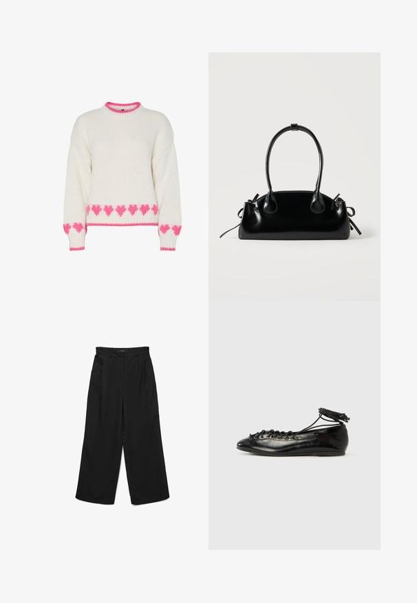 Hvid strikket sweater med pink hjerte mønster langs kant og manchetter. Har rund halsudskæring med pink kant. Blød tekstur og løs pasform.; Sorte bukser med brede ben, flad front, to plisser og sidelommer. Fremstillet af glat stof med en struktureret linning.; Sorte balletflade sko i laklæder med rundet tå, snørelukning og flad sål. Glat tekstur med få detaljer.; Lille sort blank håndtaske med to lange håndtag og snøre-detaljer i siden på en ensfarvet lys baggrund.