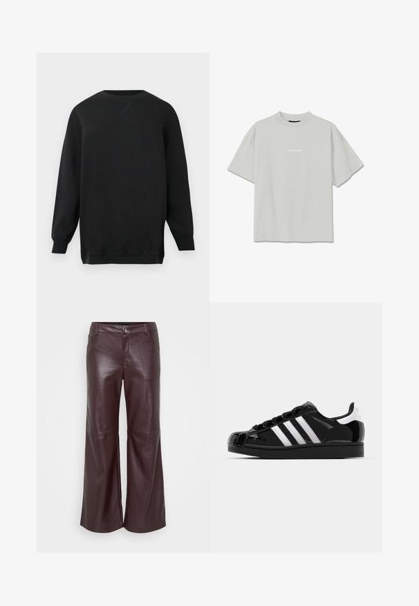 Musta pitkähihainen crewneck-huppari, jossa on ribbausrakenteiset hihansuut ja helma, ja jossa on pieni brodeerattu "X"-yksityiskohta kaulan läheisyydessä.; Vaaleanharmaa ylipitkä lyhythihainen T-paita, jossa "PEGADOR"-teksti rinnan keskellä, pyöreä pääntie ja lasketut olkapäät.; Burgundin väriset, nahkaiset leveälahkeiset housut, joissa on sileä pinta, etupainike, vyölenkit ja kaksi sivutaskua.; adidas Originals SUPERSTAR II - Matalavartiset tennarit - core black/footwear white/gold metallic