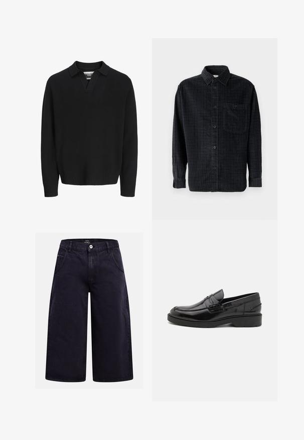 Pull en tricot noir avec un col en V. Équipé de poignets et d'un ourlet côtelés. Texture lisse, design minimaliste.; Chemise à manches longues à carreaux noirs en tissu doux, avec un devant à boutons, un col et une poche poitrine.; Shorts en denim noir à jambes larges, avec bouton sur le devant, fermeture éclair, passants pour ceinture et deux poches avant.; Mocassins en cuir noir avec une finition lisse, un bout rond, un petit talon et descoutures décoratives à l'avant. Semelle en caoutchouc pour l'adhérence.