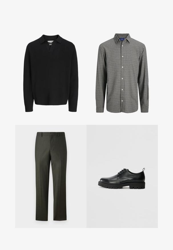 Sort strikket sweater med V-hals og krave. Har ribbede manchetter og søm. Glat tekstur, minimalistisk design.; Knappet skjorte med ternet mønster i sort og hvid, der har spidse kraver, lange ærmer og lige kant.; Mørkegrønne skræddersyede bukser med en glat tekstur, lige pasform, bæltestropper og frynser foran. Ingen synlige lommer eller dekorationer.; Sort læder sko med en rund tå, der har snørelukning, solid sort gummisål og en lille hælflap bagpå.