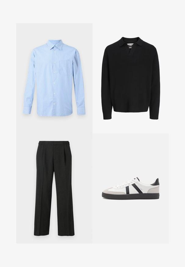 Pull en tricot noir avec un col en V. Équipé de poignets et d'un ourlet côtelés. Texture lisse, design minimaliste.; Chemise à rayures bleu clair et blanche à manches longues avec une poche poitrine unique. Design simple et classique sur un fond neutre.; Pantalons larges noirs avec une taille élastique, un devant plissé et une texture lisse. Pas de motifs visibles ni de détails en quincaillerie.; Baskets blanches avec des accents noirs et gris, présentant un embout texturé gris, une semelle en caoutchouc noir et des lacets plats blancs. Design épuré, style minimaliste.