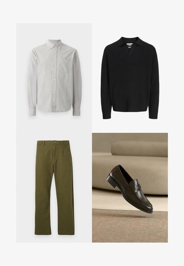 Sort strikket sweater med V-hals og krave. Har ribbede manchetter og søm. Glat tekstur, minimalistisk design.; Stripet langærmet skjorte lavet af bomuld. Har en knap-ned krave, en brystlomme og manchetter med stribet detaljering.; Grønne bomuldsbukser med lige snit, featuring en frontlomme-design, metalknaplukning og diskrete syninger.; Sort lædersko med slip-on design, svævende over beige tæppe med beige sofa i baggrunden, der fremhæver klassisk herrestil.