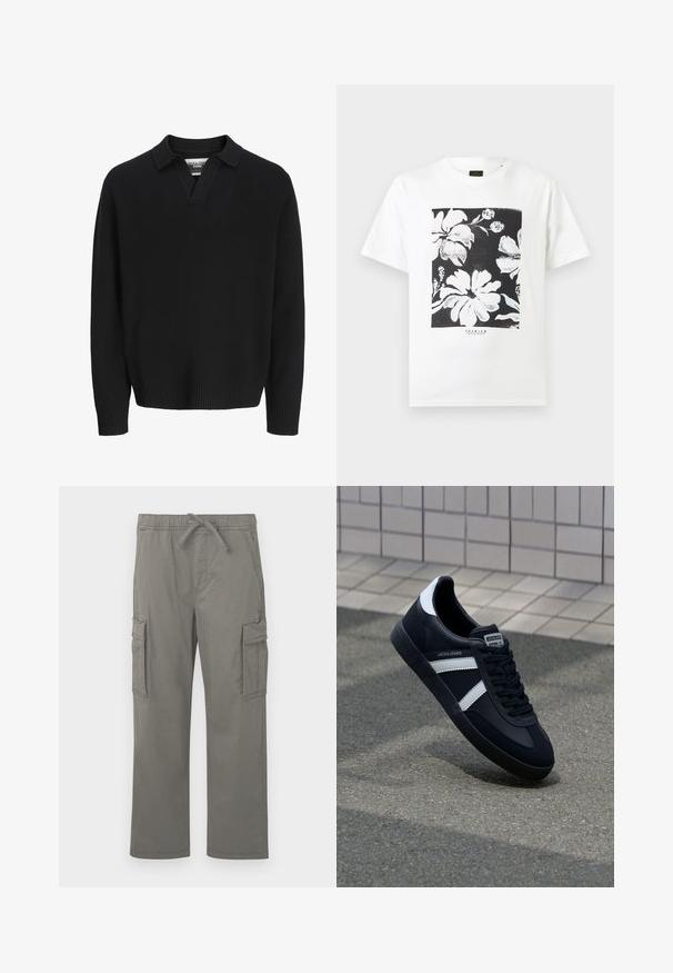 Zwarte gebreide trui met een V-hals en kraag. Beschikt over geribde manchetten en een zoom. Soepele textuur, minimalistisch ontwerp.; Witte t-shirt met korte mouwen met een zwart-witte bloemenprint gecentreerd op de borst en kleine "Premium" tekst onder het ontwerp.; Grijze rechte cargobroek met elastische tailleband, trekkoord, zijflapzakken en voorste schuine zakken op een witte achtergrond.; Zwarte leren sneaker met witte strepen, een gestructureerde rubberen zool en vetersluiting aan de voorkant. Voorzien van een merklabel op de tong.