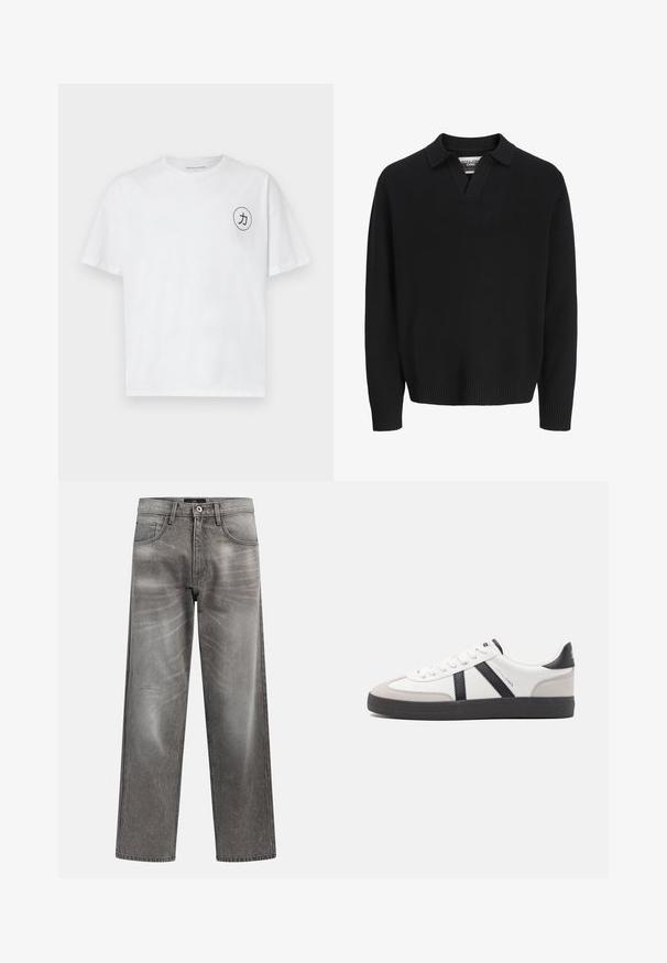 Zwarte gebreide trui met een V-hals en kraag. Beschikt over geribde manchetten en een zoom. Soepele textuur, minimalistisch ontwerp.; Witte katoenen t-shirt met een ronde hals, korte mouwen en een cirkelvormige zwarte grafiek met een karakter op de linkerborst.; Grijze denim wijde broekspijpen spijkerbroek met een vervaagde afwerking, klassiek ontwerp met vijf zakken en een metalen knoopsluiting. Gestructureerde stof met subtiele slijtage-details.; Witte sneaker met zwarte en grijze accenten, voorzien van een grijze neus met textuur, zwarte rubberen zool en platte witte veters. Schoon ontwerp, minimalistische stijl.