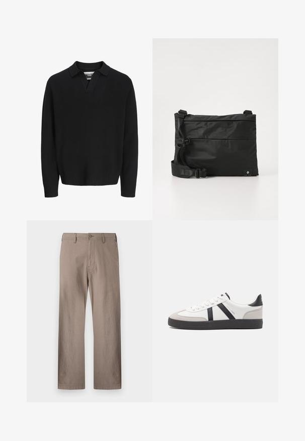 Schwarzer, gestrickter Pullover mit V-Ausschnitt und Kragen. Mit gerippten Bündchen und Saum. Glatte Textur, minimalistisches Design.; Beige gerade geschnittene Hose aus leichtem Stoff mit Knopfverschluss, ausgestattet mit frontalen Taschen und sauberer Naht.; Weiße Sneaker mit schwarz- und grau-aczenten, ausgestattet mit einer strukturierten grauen Zehenkappe, schwarzer Gummi-Sohle und flachen weißen Schnürsenkeln. Sauberes Design, minimalistische Stil.; Schwarze Nylon-Umhängetasche mit verstellbarem Riemen, flachem Design und seitlichem Etikett mit Logo. Glatte Textur und minimalistischer Stil.