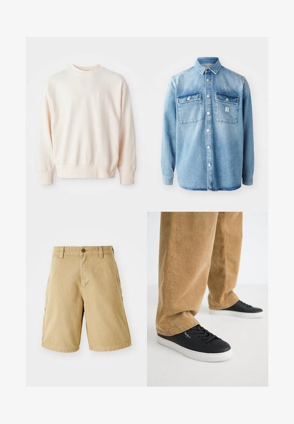 Sweatshirt rose clair en tissu doux, avec un col rond, des poignets et un ourlet côtelés ; petit logo en relief à l'avant.; Chemise en denim bleu clair à manches longues, col pointe, deux poches poitrine et fermeture boutonnée sur le devant. Présente une texture de tissu subtile et des détails de couture.; Shorts cargo en coton beiges avec poches frontales et latérales, passants de ceinture et fermeture à bouton métallique. Coupe droite et design à hauteur des genoux.; Baskets en cuir noir avec des semelles en caoutchouc blanches. Portées avec un pantalon en velours côtelé beige à côtes verticales et à coupe décontractée.