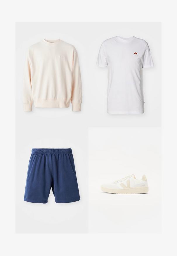 Helles rosa Sweatshirt aus weichem Material, mit Rundhalsausschnitt, gerippten Bündchen und Saum; kleines geprägtes Logodetail auf der Vorderseite.; Schlichtes weißes kurzärmeliges T-Shirt mit kleinem rot-orangefarbenem Halbkreis-Logo im oberen linken Brustbereich.; Marineblaue Shorts aus weichstem Baumwollmix, mit einem elastischen Bund, seitlichen Taschen und geradem Schnitt. Ideal für Freizeitmode.; Weißer Sneaker mit beigen Akzenten, ausgestattet mit einem strukturierten Obermaterial, runder Zehenpartie und einer dicken Gummisohle. Das Design umfasst das ikonische V-Logo und Branding.