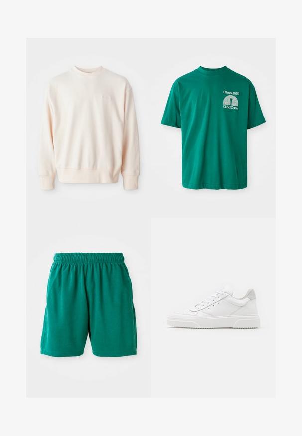 Sudadera de color rosa claro en tejido suave, con cuello redondo, puños y dobladillo de canalé; pequeño detalle del logo en relieve en la parte frontal.; Camiseta de algodón verde con escote redondo. Presenta un estampado gráfico en blanco que dice "Ellesse 1959 Club di Corsa" en el lado izquierdo del pecho.; Bermudas de algodón verdes con cintura elástica, bolsillos laterales y dobladillo cosido. Textura suave con un ajuste relajado y casual.; Zapatillas de cuero blanca con un acabado suave, punta redondeada, cordones planos y una suela texturada. Acento de ante gris en el talón.