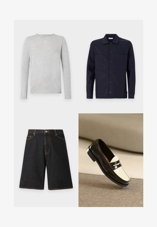 Chemise à manches longues grise en tissu doux et texturé, avec un col rond et une coupe droite, sans motifs ni accents visibles.; Chemise bleu marine à boutons avec un col classique, deux poches avant, des manches longues et une texture en coton lisse.; Shorts en denim noir avec une coupe droite, présentant des coutures orange, cinq poches et une fermeture à bouton en métal à la taille.; Mocassin en cuir noir avec un empeigne crème et des rayures noires, présentant un petit talon et des coutures détaillées le long des bords.