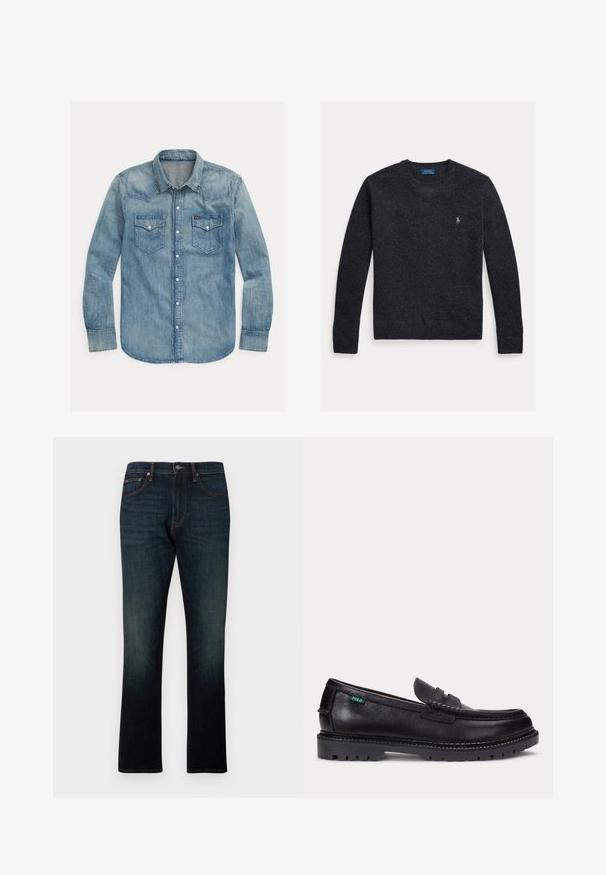 Donkergrijze gebreide trui met een ronde hals, gestructureerde stof en een geborduurd logo op de linkerborst. Lange mouwen en geribde boorden.; Lichtblauwe denimshirt met een puntkraag, lange mouwen, twee borstzakken en drukknoopsluitingen. Klassiek westernstijl ontwerp.; Donkerblauwe rechte denim jeans met vijf zakken en oranje stiksels, plat weergegeven op een witte achtergrond.; Zwarte leren loafer met dikke geprofileerde zool en klein groen "Polo" label aan de buitenkant bij de hiel.