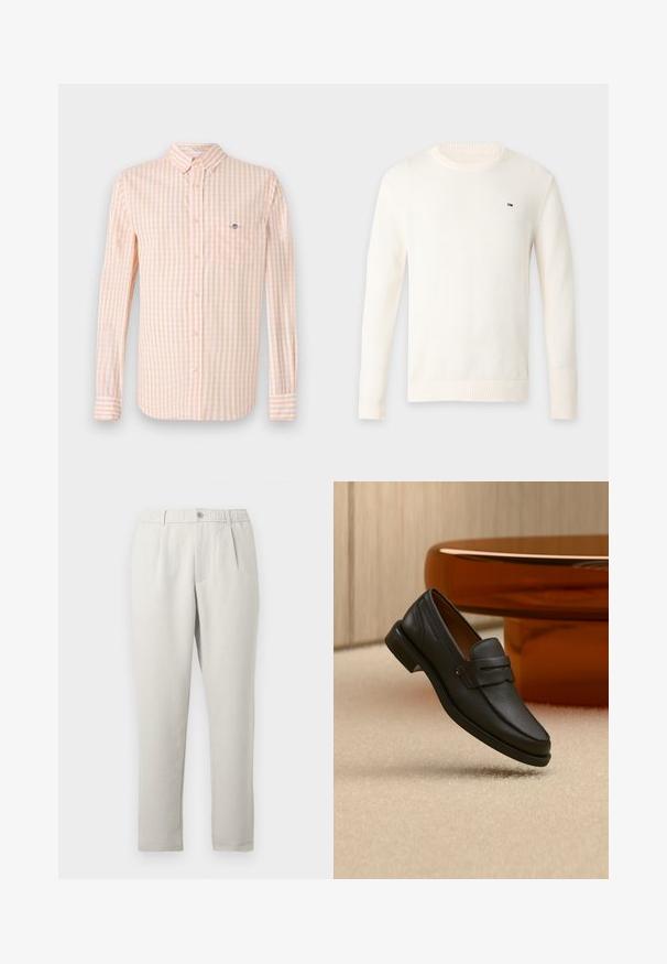 Jersey blanco de punto de manga larga con cuello redondo y pequeño logo bordado en el pecho izquierdo, mostrado sobre un fondo liso.; Camisa de tela a cuadros en naranja claro y blanco, con mangas largas, cuello abotonado y bolsillo en el pecho. Presenta un logo sutil en el bolsillo.; Pantalones de corte relajado en beige claro con un ligero brillo, que cuentan con una cintura elástica, bolsillos frontales y un diseño de pierna estrechada.; Mocasín de hombre de cuero negro con una banda en la parte superior, exhibido sobre una alfombra beige cerca de una mesa circular moderna marrón.