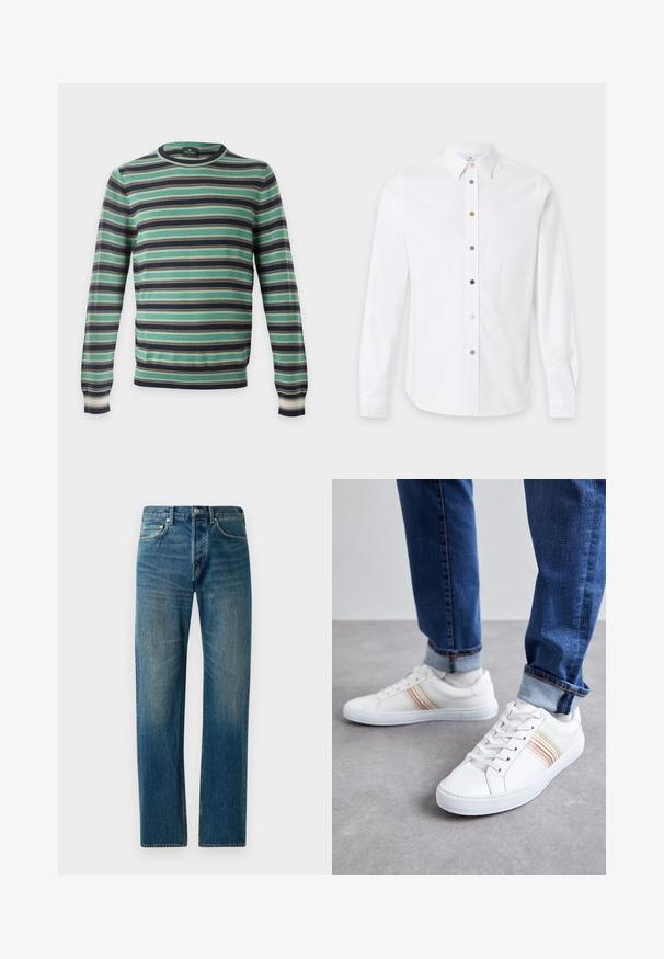 Trui met lange mouwen en ronde hals met horizontale strepen in groen, zwart, wit en bruin, afgebeeld op een effen achtergrond.; Wit overhemd met lange mouwen, klassieke kraag en meerkleurige knopen middenvoor.; Blauwe denim jeans met een recht gesneden ontwerp, voorzien van een vijf-pocketstijl, subtiele vervaging en contrasterende stikselaccenten.; Witte leren sneakers met meerkleurige strepen, vetersluiting, rubberen zool en gevoerd kraagje, gecombineerd met blauwe spijkerbroek.