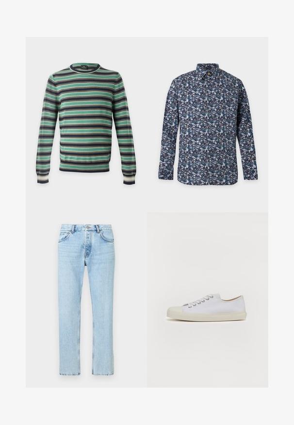 Pull à manches longues col rond avec des rayures horizontales en vert, noir, blanc et marron, présenté sur un fond uni.; Chemise à manches longues boutonnée avec un motif floral bleu, blanc et bleu sarcelle sur un fond sombre, avec un col pointu.; Jean en denim bleu clair à coupe droite, doté d'un design à cinq poches, de passants pour ceinture et d'une braguette zippée avec une fermeture par bouton en métal.; Baskets en toile blanches avec bout rond, semelle plate en caoutchouc crème, six oeillets pour les lacets et détails de couture subtils sur la tige.